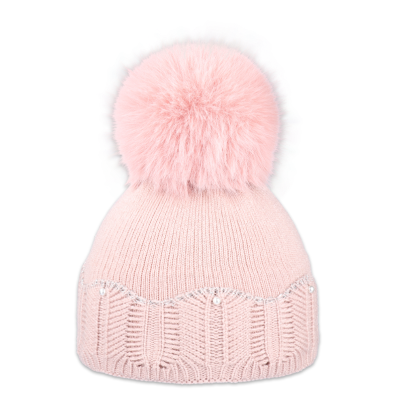 Dětská čepice s kožešinovou bambulí a perličkami